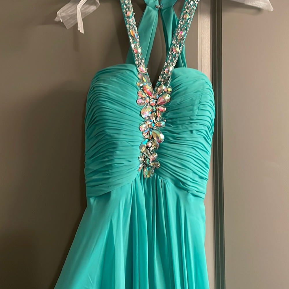 May queen Mint embellished halter gown